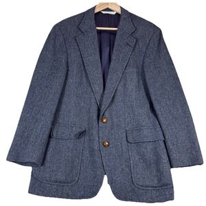 Lands' End Tweed Blazer Mens 41R Wool & Leather Button Herringbone 2 Button USA